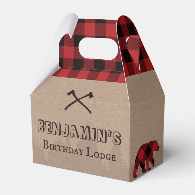 Rustic Buffalo Plaid Lumberjack Birthday Theme Favor Boxes (Front Side)