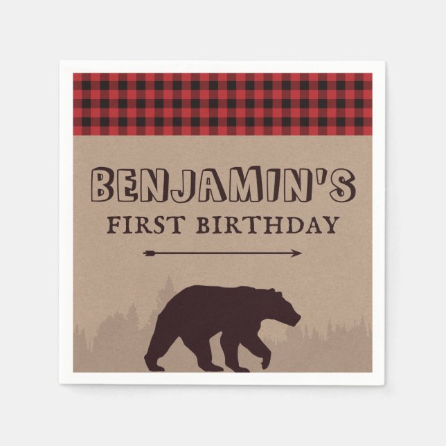 Rustic Buffalo Plaid Lumberjack Birthday Theme Napkins (Front)