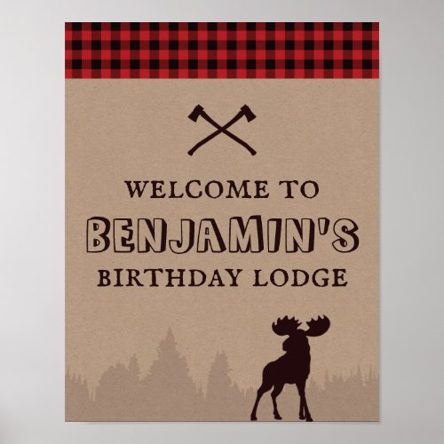 Rustic Buffalo Plaid Lumberjack Birthday Welcome Poster