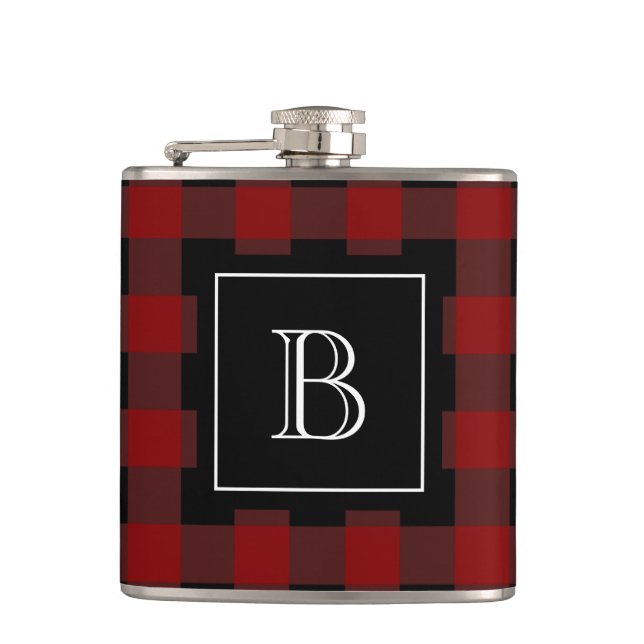 Rustic Buffalo Plaid Lumberjack Monogram Initial Flask (Front)