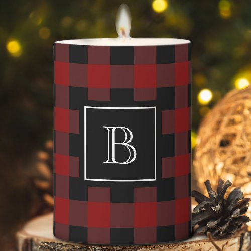 Rustic Buffalo Plaid Lumberjack Monogrammed Red Pillar Candle