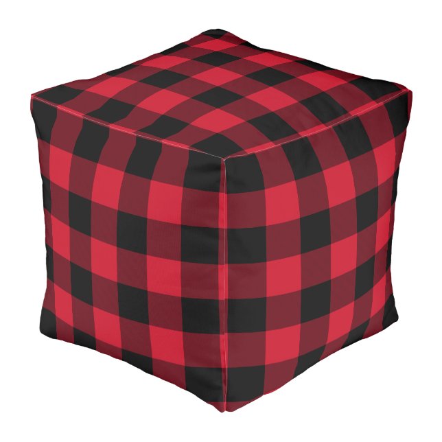 Rustic Buffalo Plaid Lumberjack Red Plaid Pouf (Angled Front)