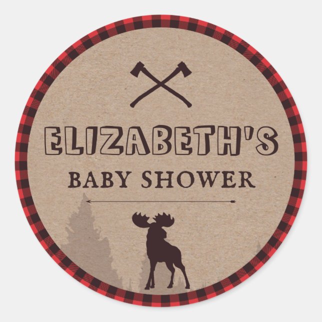 Rustic Buffalo Plaid Lumberjack Theme Baby Shower Classic Round Sticker (Front)
