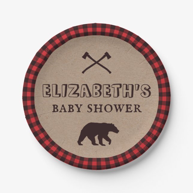 Rustic Buffalo Plaid Lumberjack Theme Baby Shower Paper Plates (Front)