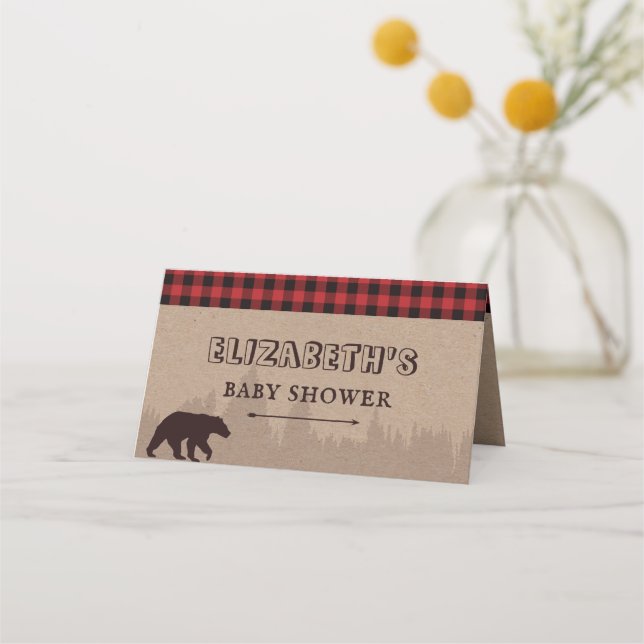 Rustic Buffalo Plaid Lumberjack Theme Baby Shower Place Card (Front)