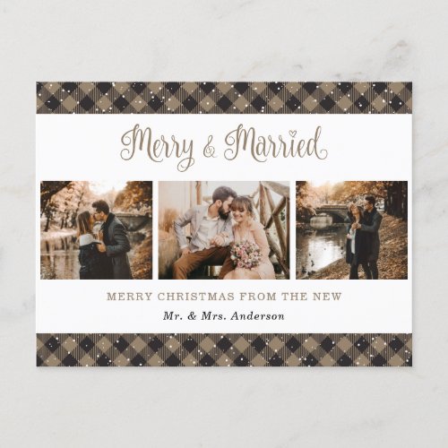 Rustic Buffalo Plaid Married and Merry Newlyweds Holiday Postcard