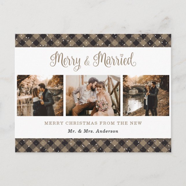 Rustic Buffalo Plaid Married and Merry Newlyweds Holiday Postcard (Front)
