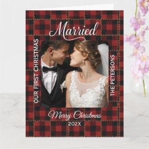 Rustic Buffalo Plaid Married First Christmas  Card