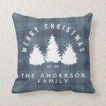 Rustic Buffalo Plaid Merry Christmas Family Name   Throw Pillow<br><div class="desc">Beautiful, unique, one-of-a-kind rustic, personalized design features a blue and lite blue buffalo plaid pattern with pine trees and the words, "MERRY CHRISTMAS EST 20XX THE ANDERSON FAMILY" in white typography on the front. The back has the same red and black buffalo plaid pattern print so there are two different...</div>