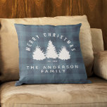 Rustic Buffalo Plaid Merry Christmas Family Name   Throw Pillow<br><div class="desc">Beautiful, unique, one-of-a-kind rustic, personalized design features a blue and lite blue buffalo plaid pattern with pine trees and the words, "MERRY CHRISTMAS EST 20XX THE ANDERSON FAMILY" in white typography on the front. The back has the same red and black buffalo plaid pattern print so there are two different...</div>