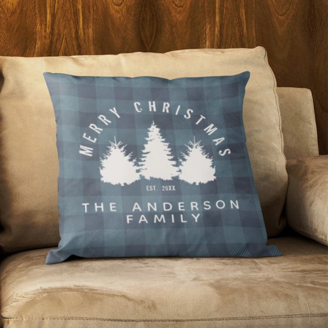 Rustic Buffalo Plaid Merry Christmas Family Name   Throw Pillow (Creator Uploaded)