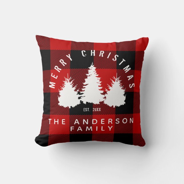 Rustic Buffalo Plaid Merry Christmas Family Name Throw Pillow (Front)