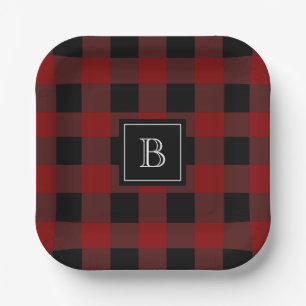 Rustic Buffalo Plaid Modern Monogrammed Red Black Paper Plates