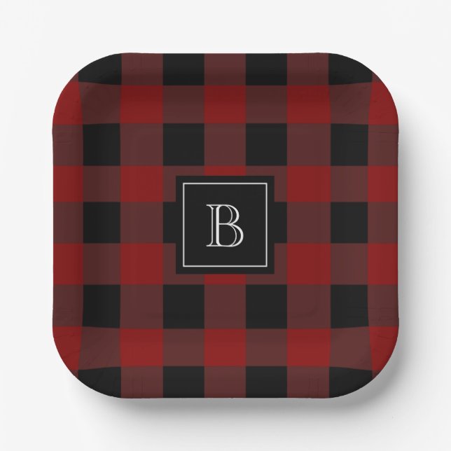 Rustic Buffalo Plaid Modern Monogrammed Red Black  Paper Plates (Front)