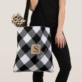 Black and White Buffalo Check Plaid Monogram Tote Bag