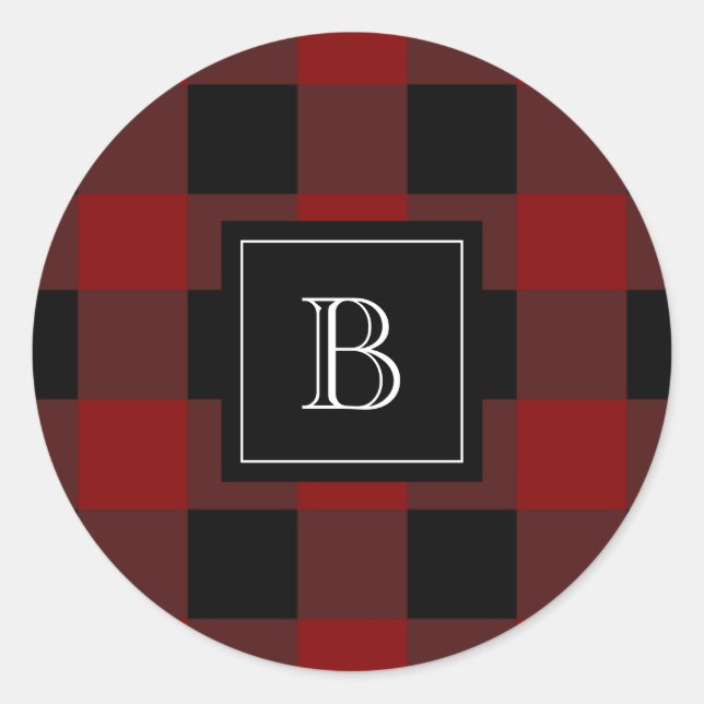 Rustic Buffalo Plaid Monogram Initial Classic Round Sticker (Front)
