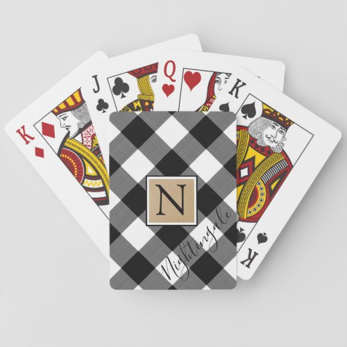 Rustic Buffalo Plaid Monogram Name Black White Poker Cards