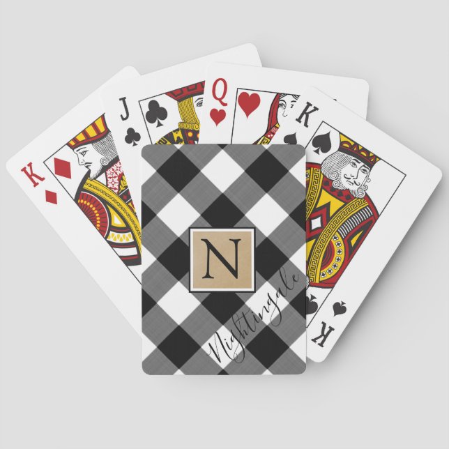 Rustic Buffalo Plaid Monogram Name Black White Poker Cards (Back)
