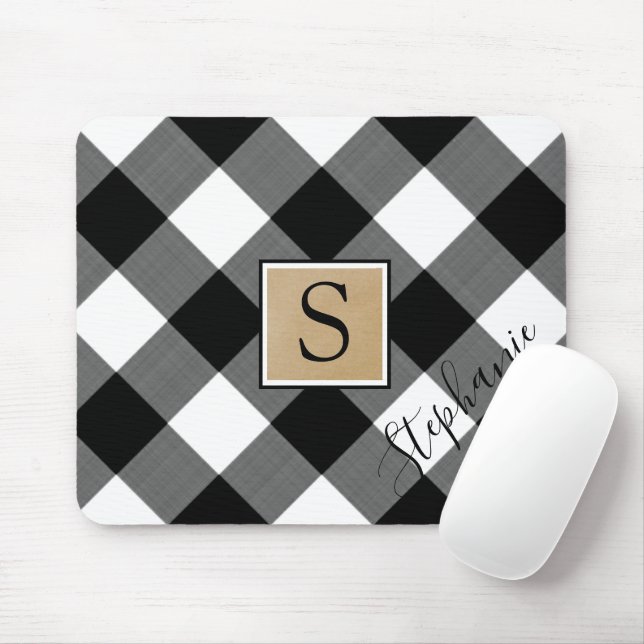Rustic Buffalo Plaid Monogram Script Name Mouse Pad (With Mouse)