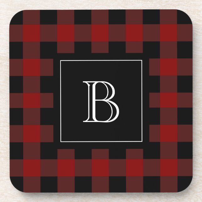 Rustic Buffalo Plaid Monogrammed Initial Red Black Beverage Coaster (Front)