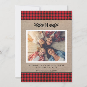 Rustic Buffalo Plaid Monogrammed Photo Christmas Holiday Card