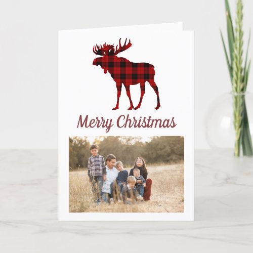 Rustic Buffalo Plaid Moose Christmas Family Photo Holiday Card