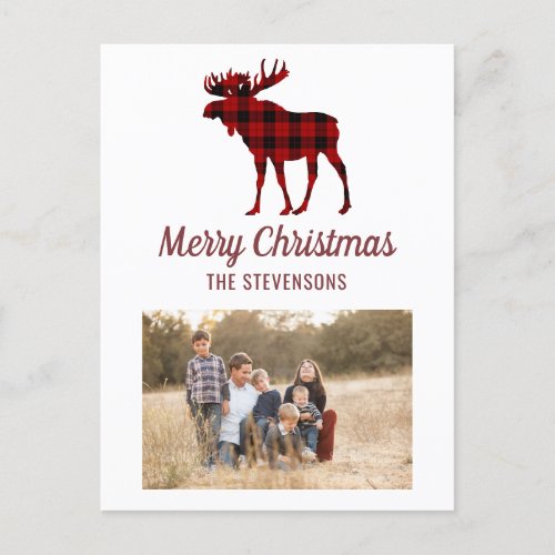 Rustic Buffalo Plaid Moose Christmas Family Photo Holiday Postcard