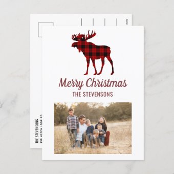 Rustic Buffalo Plaid Moose Christmas Family Photo Holiday Postcard | Zazzle