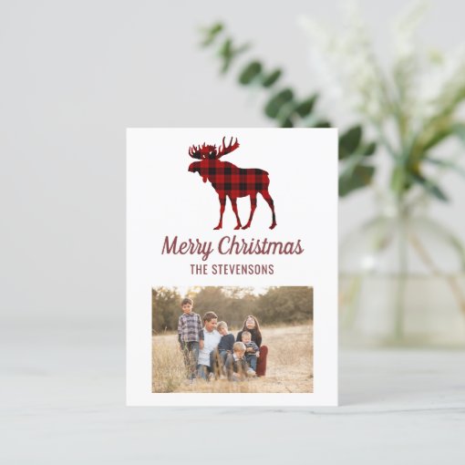 Rustic Buffalo Plaid Moose Christmas Family Photo Holiday Postcard | Zazzle
