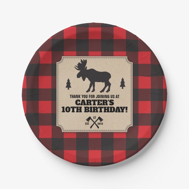 Rustic Buffalo Plaid Moose Kraft Look Panel Party Paper Plates (Front)