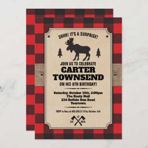 Rustic Buffalo Plaid Moose Kraft Panel Birthday Invitation