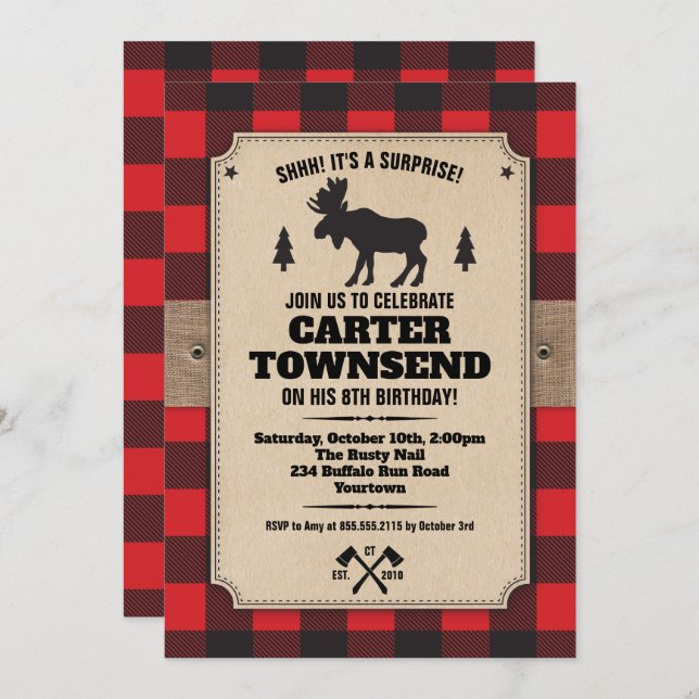 Rustic Buffalo Plaid Moose Kraft Panel Birthday Invitation (Front/Back)