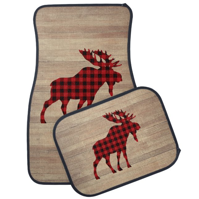 Rustic Buffalo Plaid Moose on Wood Look Car Floor Mat (Set)