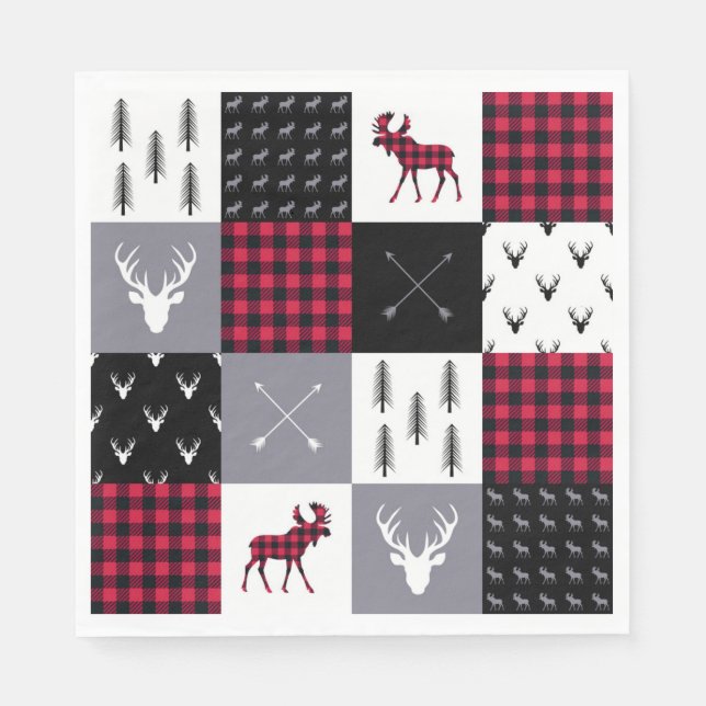 Rustic Buffalo Plaid Patchwork Red White Christmas Napkins (Front)