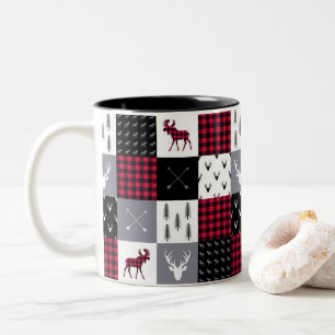 Rustic Buffalo Plaid Patchwork Red White Christmas Two-Tone Coffee Mug