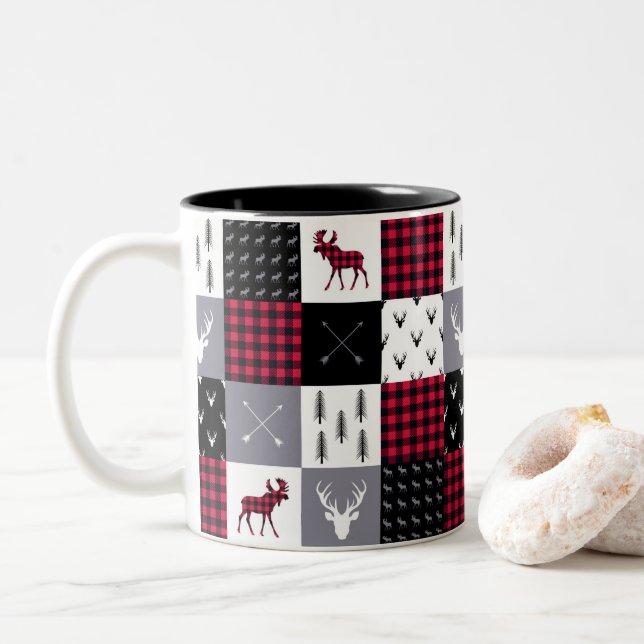 Rustic Buffalo Plaid Patchwork Red White Christmas Two-Tone Coffee Mug (With Donut)