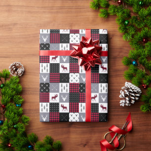 Rustic Buffalo Plaid Patchwork Red White Christmas Wrapping Paper