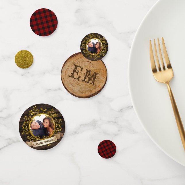 Rustic Buffalo Plaid PHOTO Gold Red Monogram Confetti (Group)
