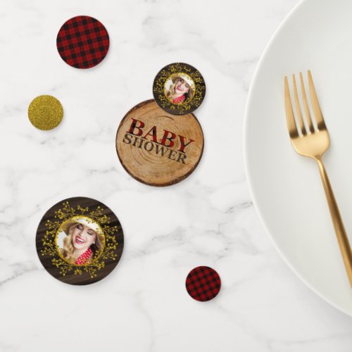 Rustic Buffalo Plaid PHOTO Gold Red Monogram Confetti