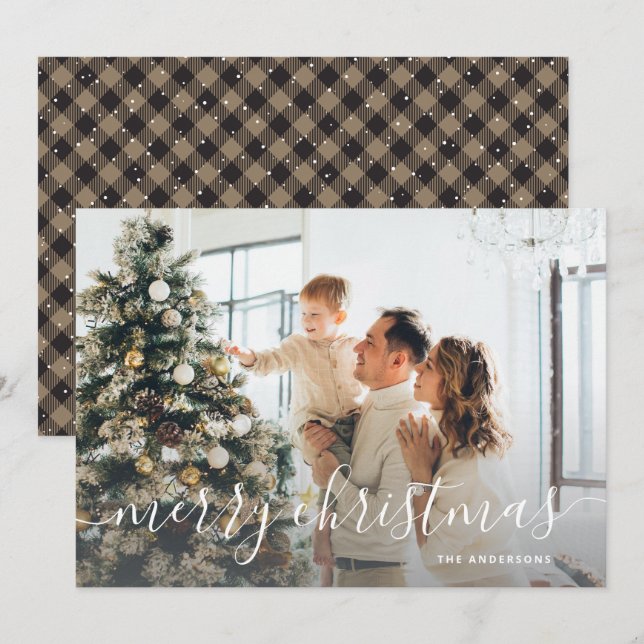 Rustic Buffalo Plaid Photo Merry Christmas Holiday Card (Front/Back)