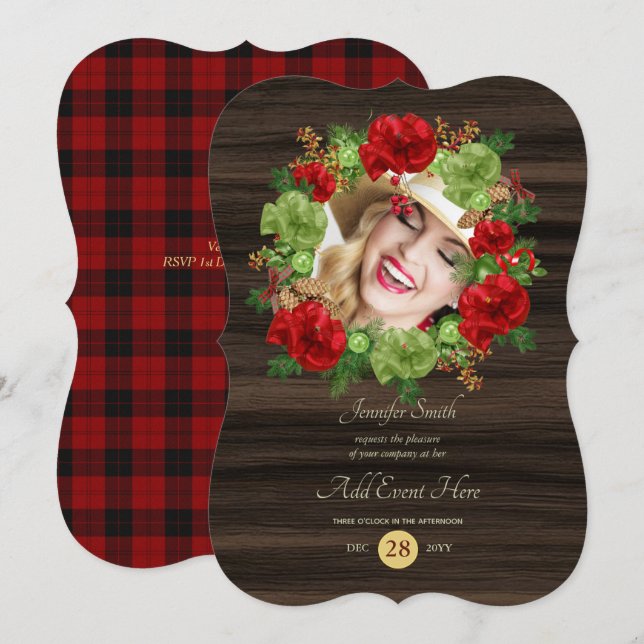 Rustic Buffalo Plaid PHOTO Wreath Modern ANY EVENT Invitation (Front/Back)