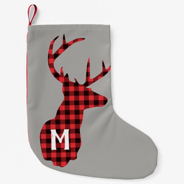 Rustic Buffalo Plaid Red Black Customized Deer Small Christmas Stocking (Front)