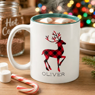 Rustic Buffalo Plaid Reindeer Monogram Two-Tone Coffee Mug
