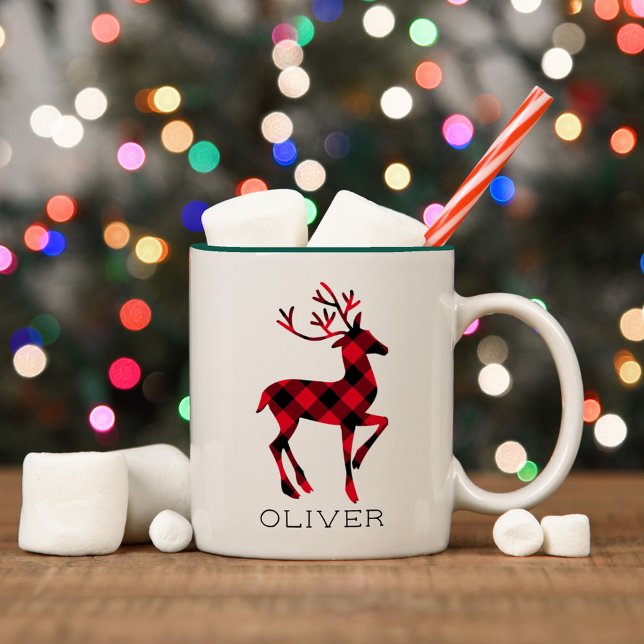 Rustic Buffalo Plaid Reindeer Monogram Two-Tone Coffee Mug (Creator Uploaded)