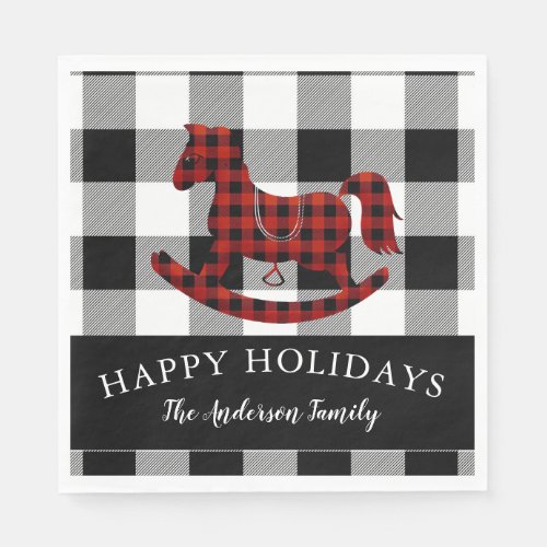 rustic buffalo plaid rocking horse happy holidays napkins