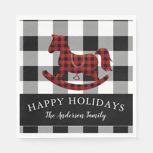 rustic buffalo plaid rocking horse happy holidays napkins (Front)