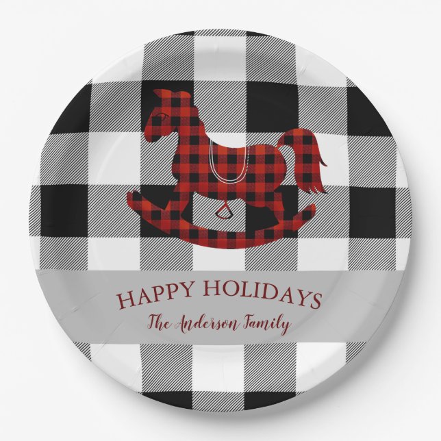 rustic buffalo plaid rocking horse happy holidays paper plates (Front)
