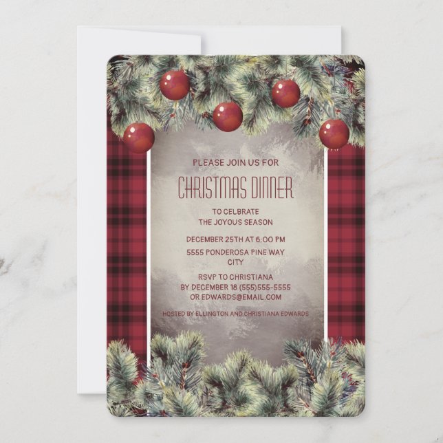 Rustic Buffalo Plaid Silver Gray Christmas Dinner Invitation (Front)