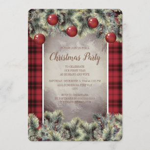 Rustic Buffalo Plaid Silver Gray Christmas Party Invitation