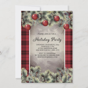Rustic Buffalo Plaid Silver Gray Holiday Party Invitation